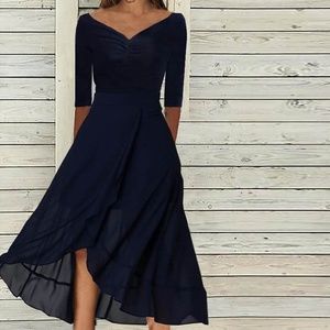 Navy Blue Ruched V-Neck Asymmetrical Midi Dress